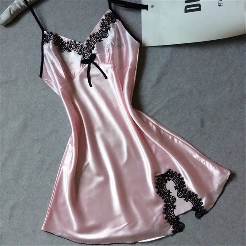 Sexy Sleepwear Lady Sexy Silk Satin Night Dress V-neck Nightgown Plus Size Nightdress Lace Nightwear for Women Nighty for Ladies