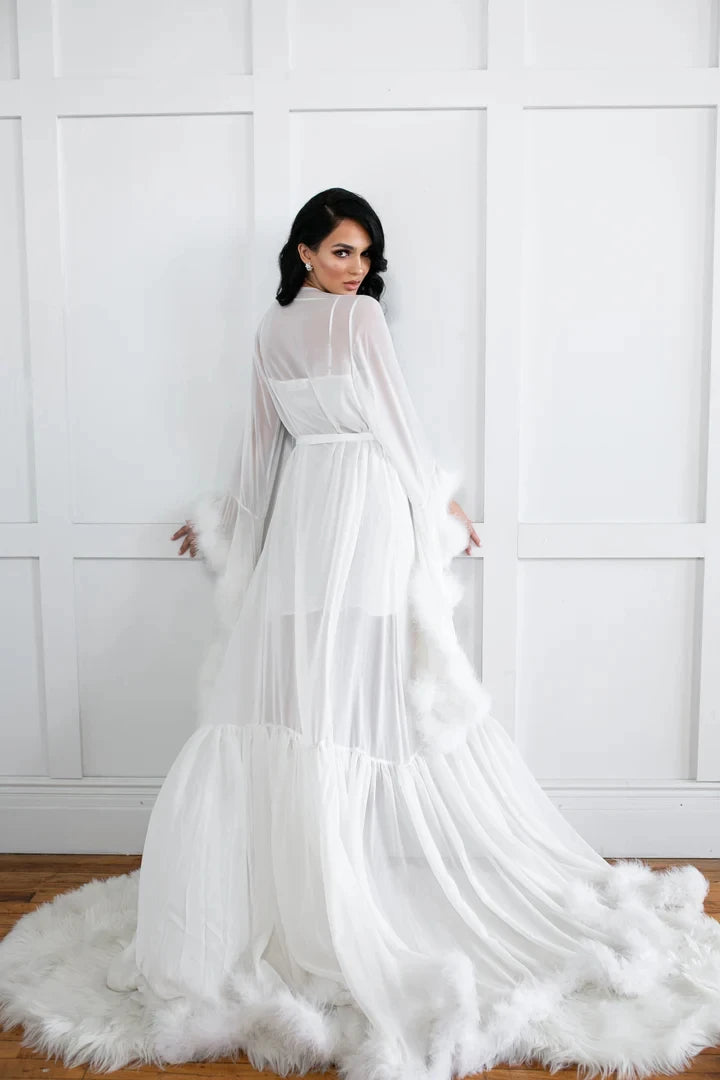 Elegant Fur Bride Wedding Robe And Nightgown Feather Long Bridal Gowns Photo shoot Maternity Dressing Gown for Photography