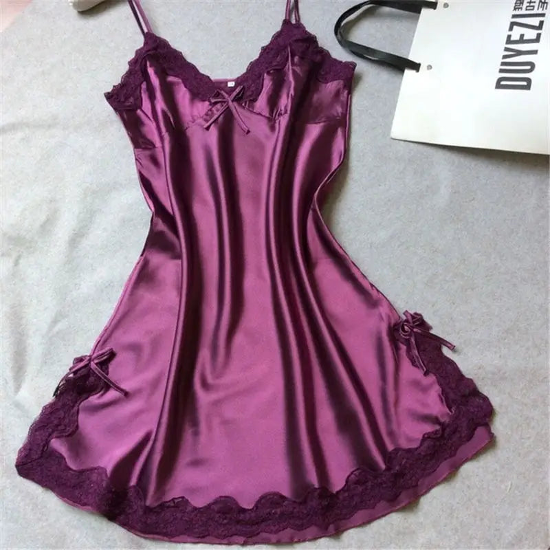 Sexy Sleepwear Lady Sexy Silk Satin Night Dress V-neck Nightgown Plus Size Nightdress Lace Nightwear for Women Nighty for Ladies