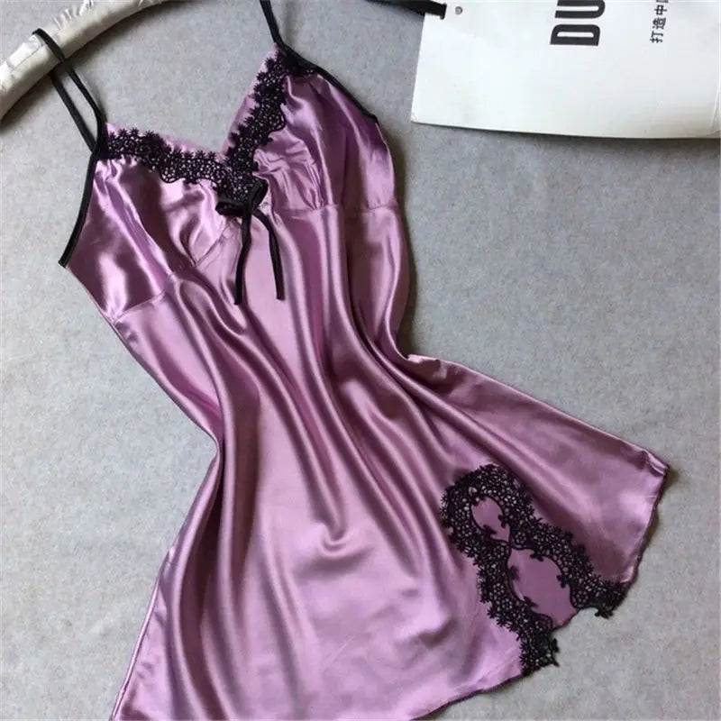 Sexy Sleepwear Lady Sexy Silk Satin Night Dress V-neck Nightgown Plus Size Nightdress Lace Nightwear for Women Nighty for Ladies