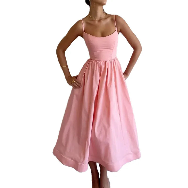 Women's U-neck Summer Dress Vintage Elegant Sleeveless Camisole Slim Pleated Sundress Loose Host A Performance Party Long Dress