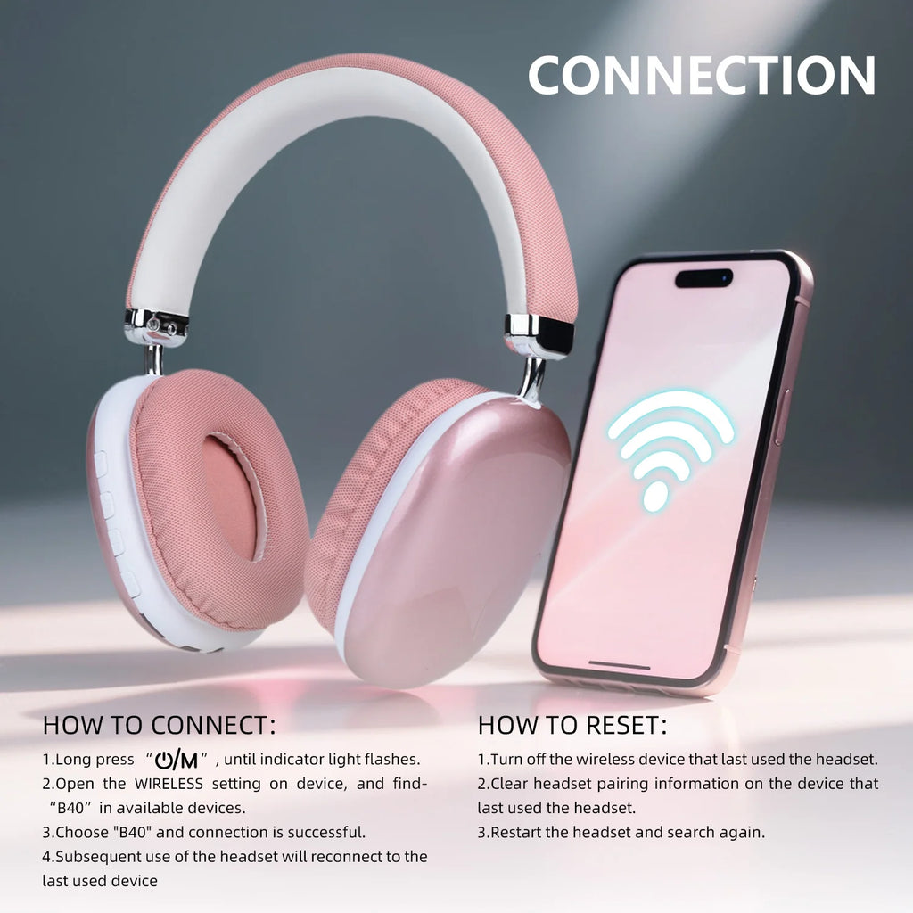 B40 Pink Wireless Headphones Bluetooth 5.3 Over Ear HIFI Stereo Noise Cancelling Headset with Mic for Girls Women