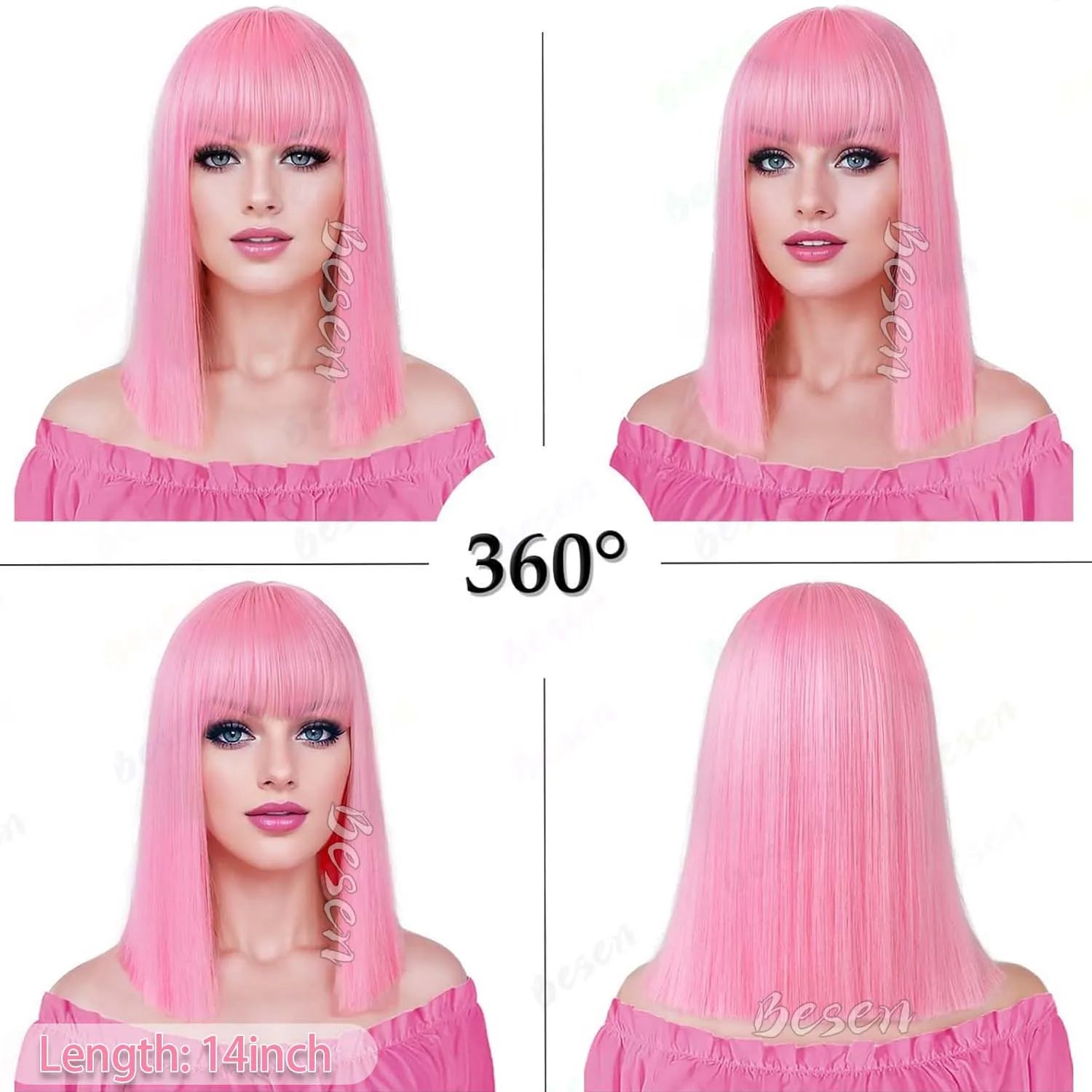 Synthetic Pink Bob wig Short Straight Hair with Bangs,Shoulder Length Multi-colored Wig for Halloween Cosplay Daily Party Wear
