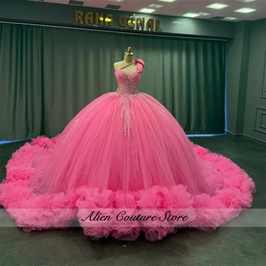 Hot Pink Shinny 15 Dress Quinceanera 2026 Beaded One Shoulder Ball Gown Quince Dress Formal Occasion Gowns Customized