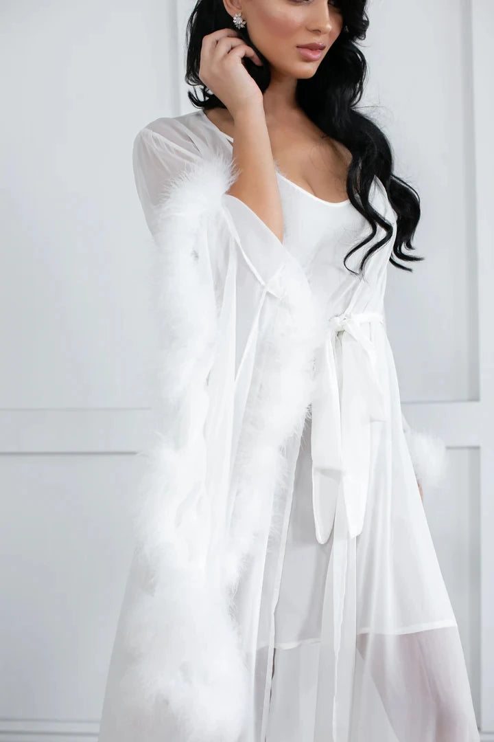 Elegant Fur Bride Wedding Robe And Nightgown Feather Long Bridal Gowns Photo shoot Maternity Dressing Gown for Photography