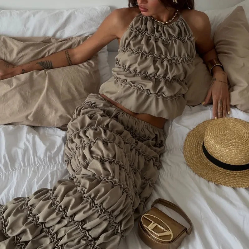 Summer women's suit dress with neck tie and pleated top, high-end high waist and hip hugging long skirt two-piece set