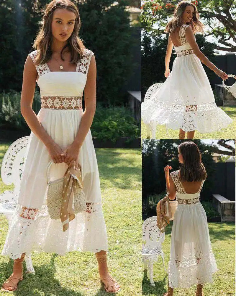 Summer Women Long Party Dress Vintage Long Sleeve Floor Length Sexy Backless White Lace Maxi Dress  sexy