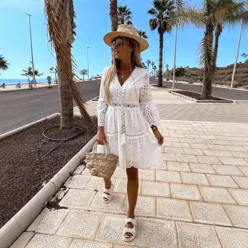 Summer Women Long Party Dress Vintage Long Sleeve Floor Length Sexy Backless White Lace Maxi Dress  sexy