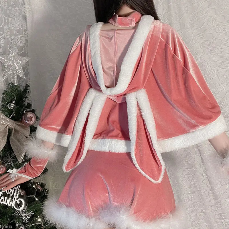 Pink Women Christmas Nightdress Sexy Lingerie Set Santa V-neck Dress Party Plush  Costumes Cosplay Bunny Girl Cute Cloak