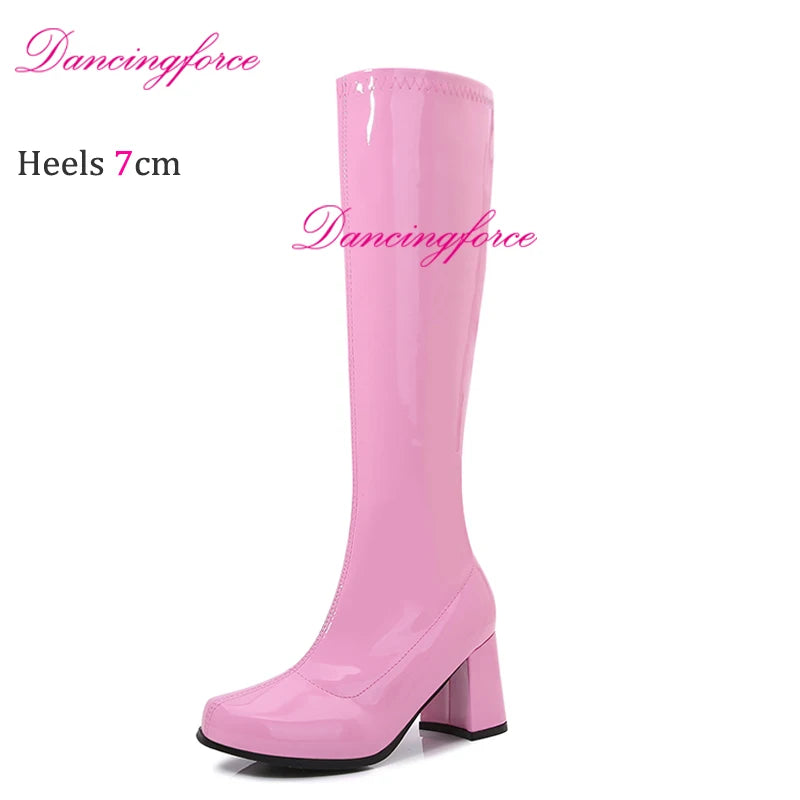 Pink Red Fancy Vintage 1950S 60S 70S Knee High Go Go Retro Boots Womens Sexy Shoes Ladies Larger Size EU36-46