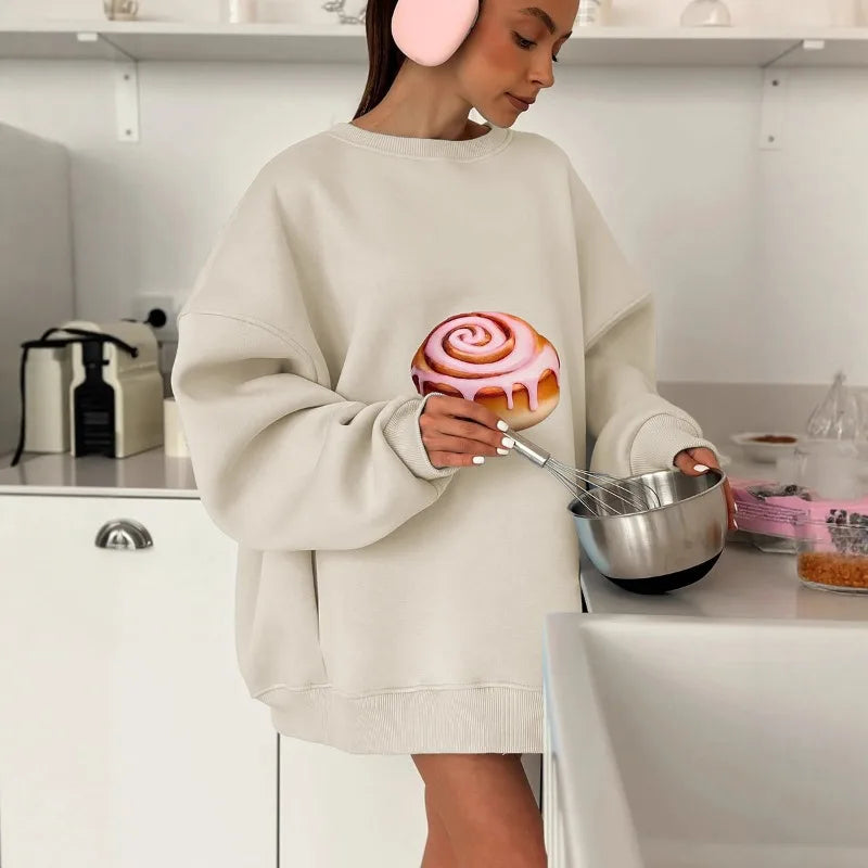Women's Print Sweatshirt - 2025 New Fleece-Lined, Loose Fit, Slimming Long-Sleeve Crew Neck Pullover Sweatshirt for Women