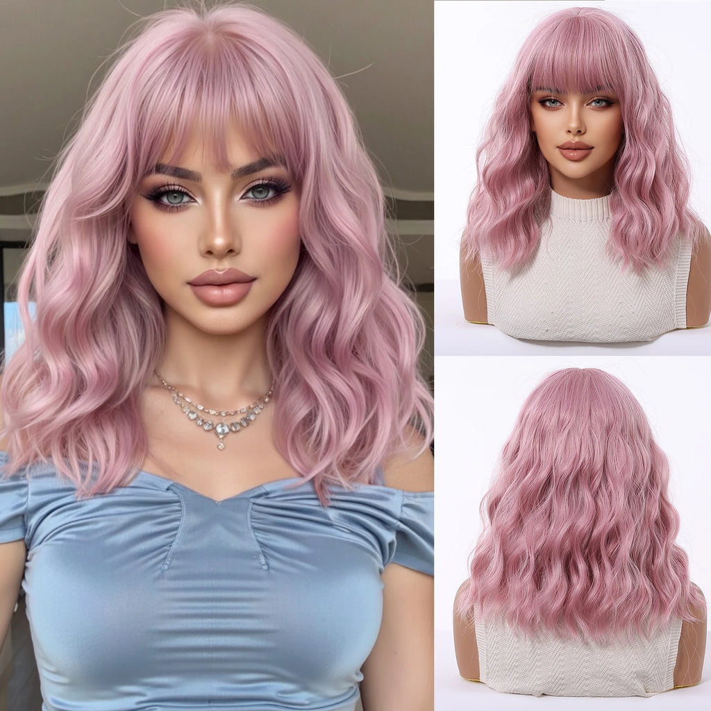 Pink Short Wavy Synthetic Wig with Full Bangs for Women Heat Resistant Natural Look Hair for Daily Party and Cosplay Use