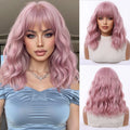 Pink Short Wavy Synthetic Wig with Full Bangs for Women Heat Resistant Natural Look Hair for Daily Party and Cosplay Use