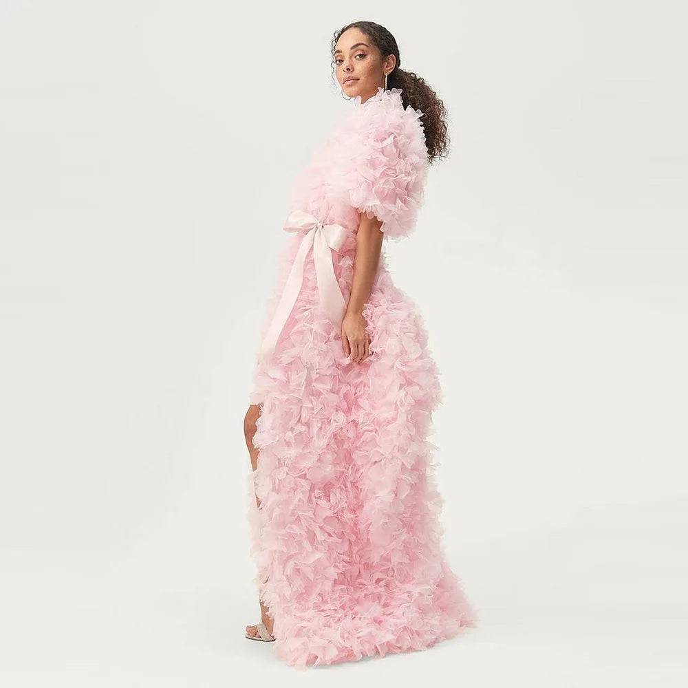 Pink Women Party Dresses Short Sleeve Wedding Bridal Coat Birthday Shotting Gowns