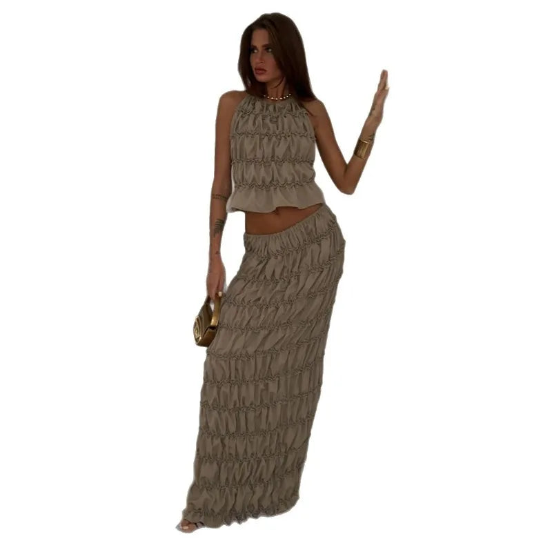 Summer women's suit dress with neck tie and pleated top, high-end high waist and hip hugging long skirt two-piece set