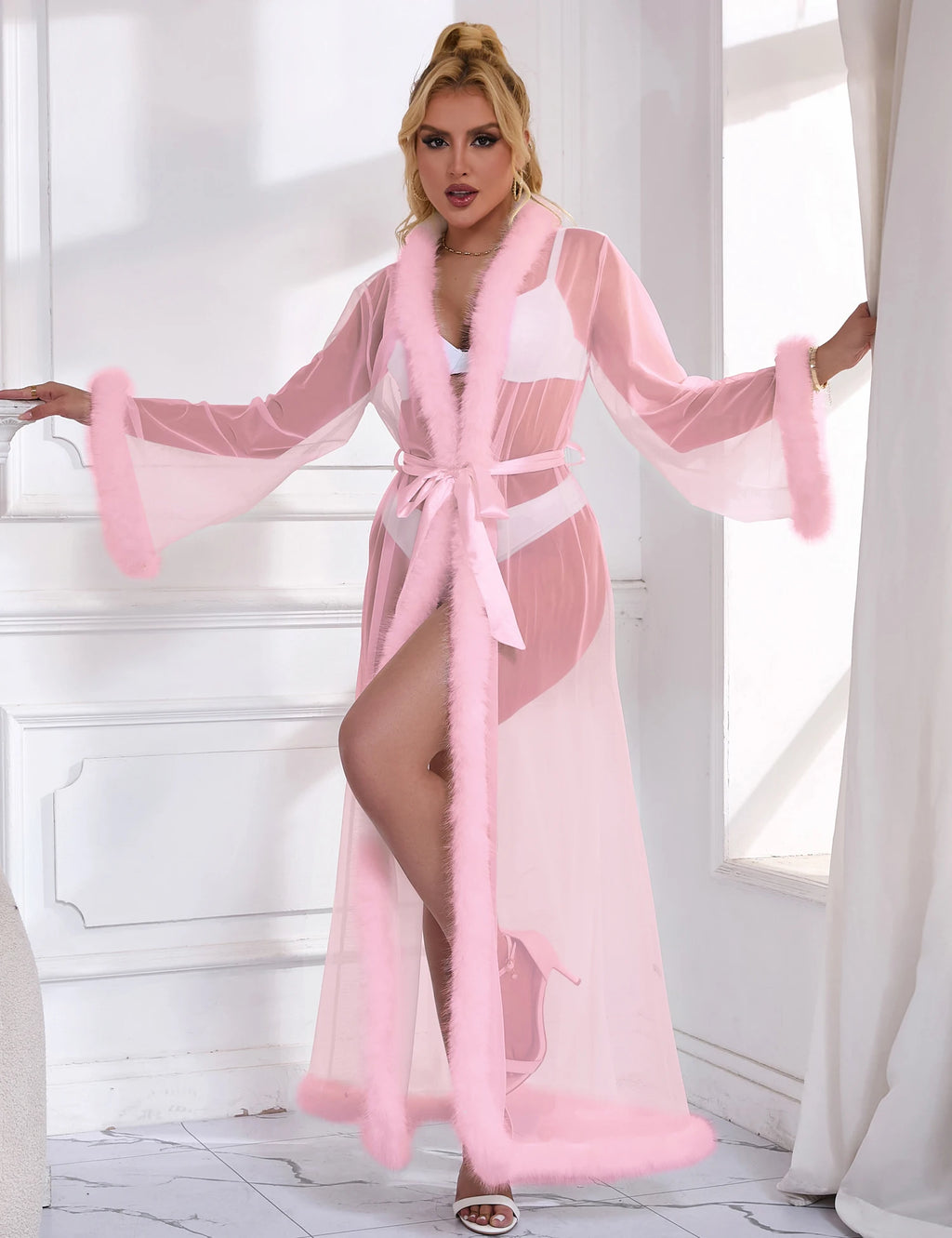 Long Robe Women's Pink Sexy Mesh Imitation Mink Fur Trim Robe With Silk Belt Hot Women Pajama Negligee Erotic Sleepwear Lingerie