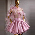 Pink Cute Two Pieces Dresses Party Evening Wear See Through Long Sleeves Top And Skirt Birthday Sets