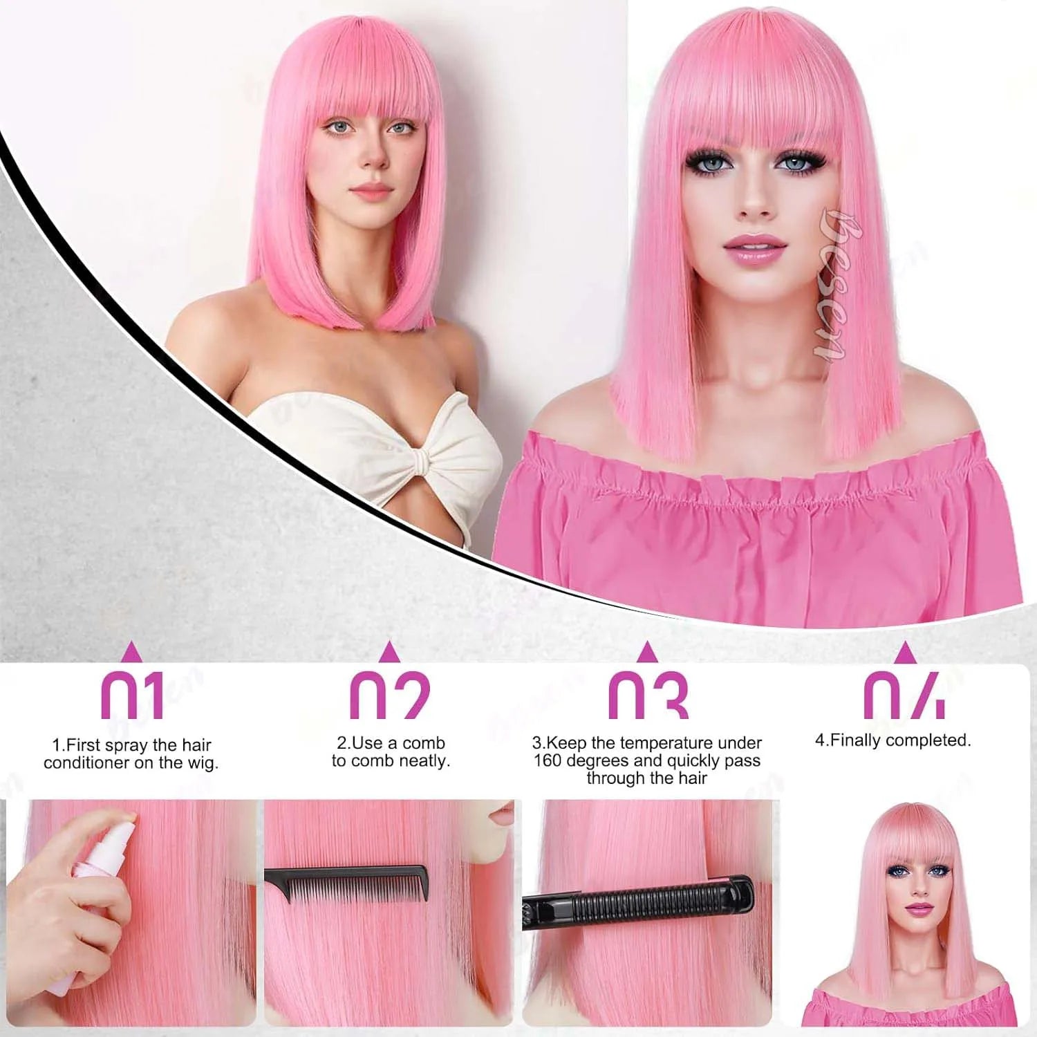 Synthetic Pink Bob wig Short Straight Hair with Bangs,Shoulder Length Multi-colored Wig for Halloween Cosplay Daily Party Wear