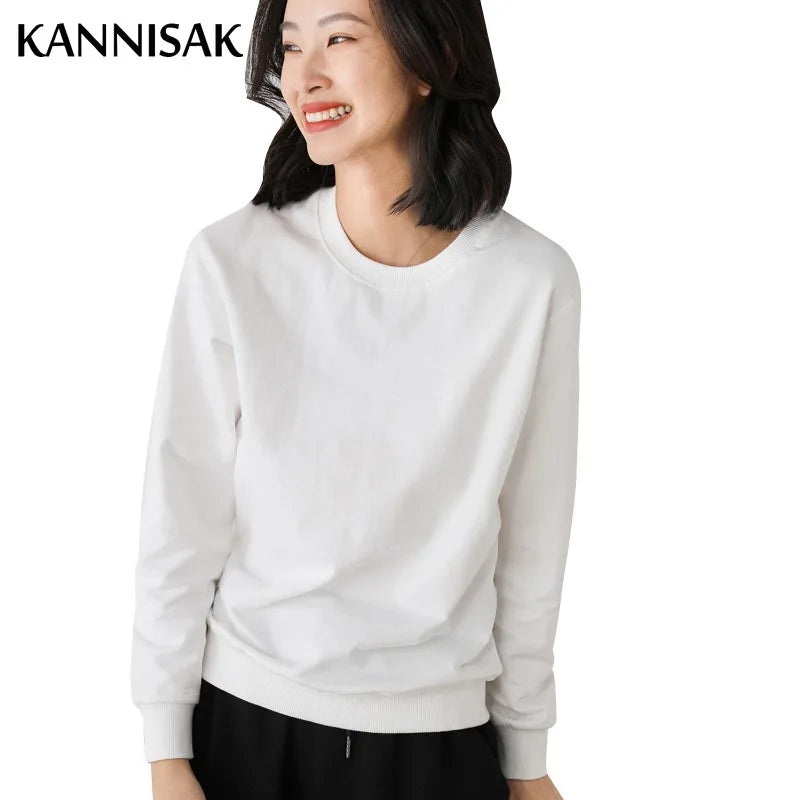 Women Sweatshirt 2025 Spring Autumn Multi-colors Fashion Korean O-neck Cotton Loose Womens Sweatshirts Vintage Solid Pullovers
