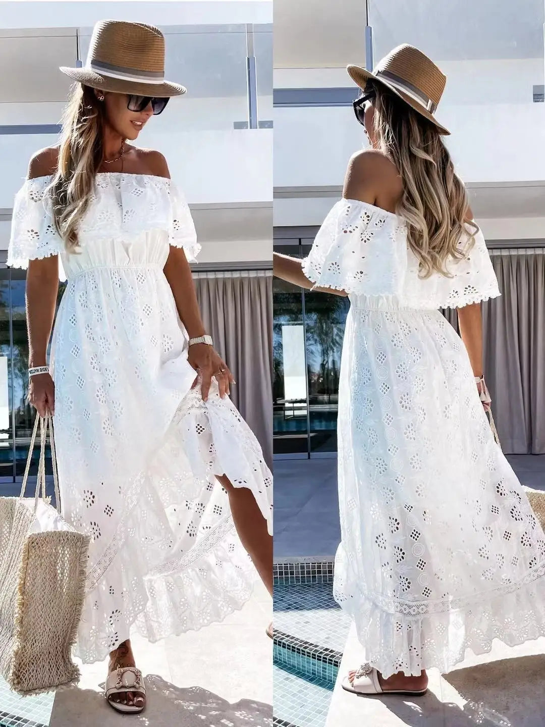 Summer Women Long Party Dress Vintage Long Sleeve Floor Length Sexy Backless White Lace Maxi Dress  sexy