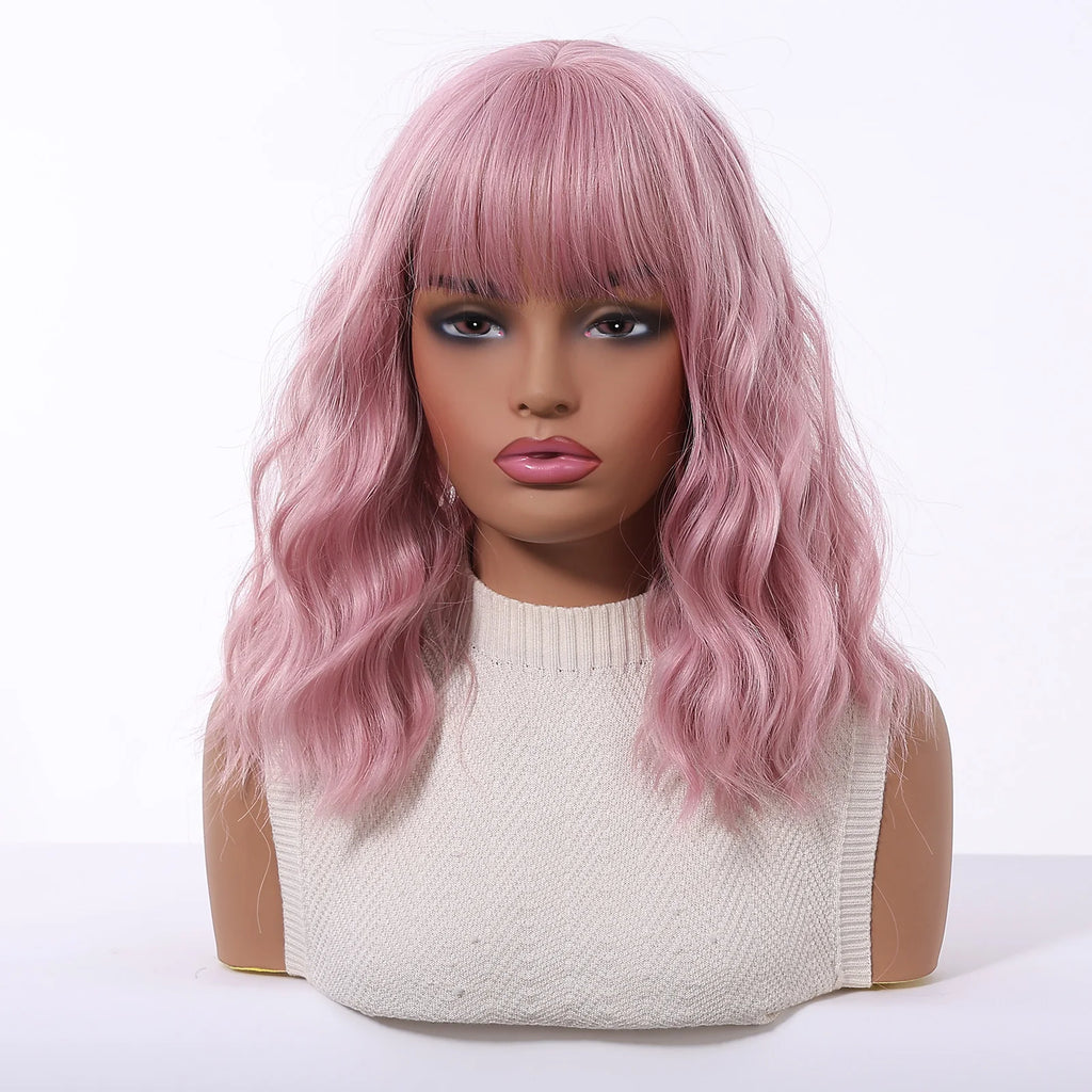 Pink Short Wavy Synthetic Wig with Full Bangs for Women Heat Resistant Natural Look Hair for Daily Party and Cosplay Use