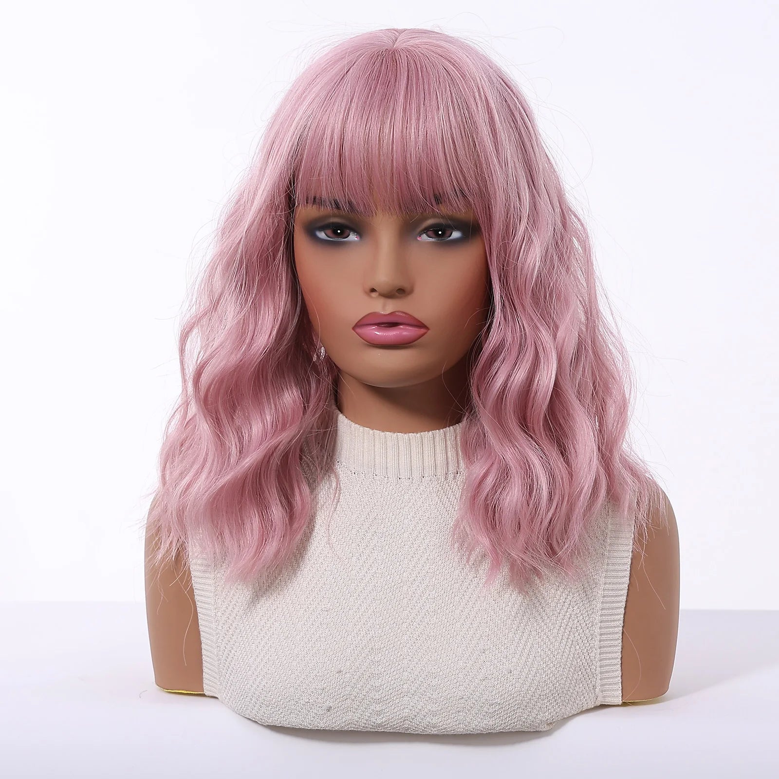 Pink Short Wavy Synthetic Wig with Full Bangs for Women Heat Resistant Natural Look Hair for Daily Party and Cosplay Use