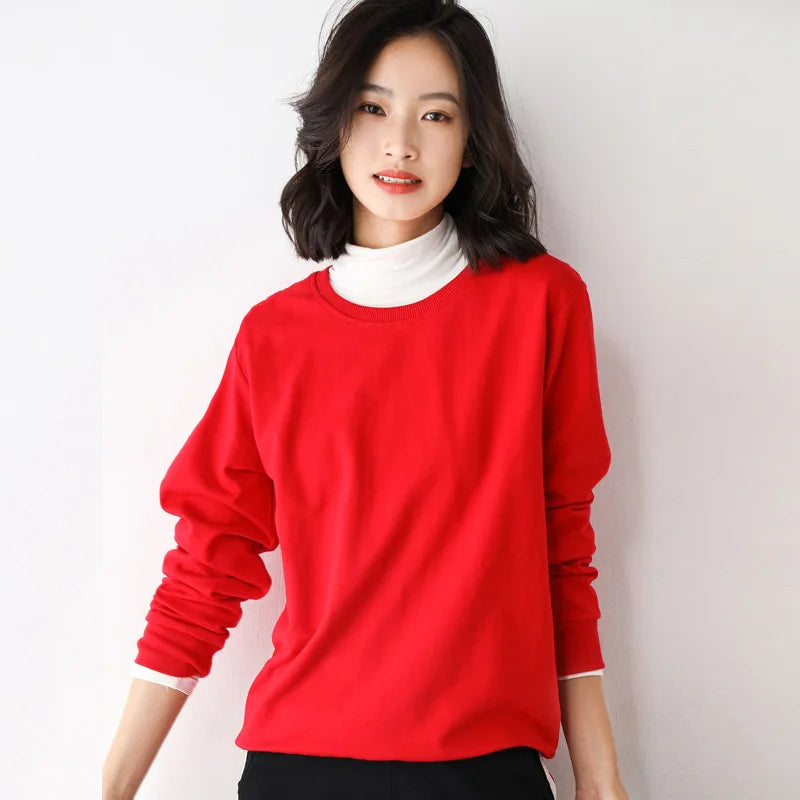 Women Sweatshirt 2025 Spring Autumn Multi-colors Fashion Korean O-neck Cotton Loose Womens Sweatshirts Vintage Solid Pullovers