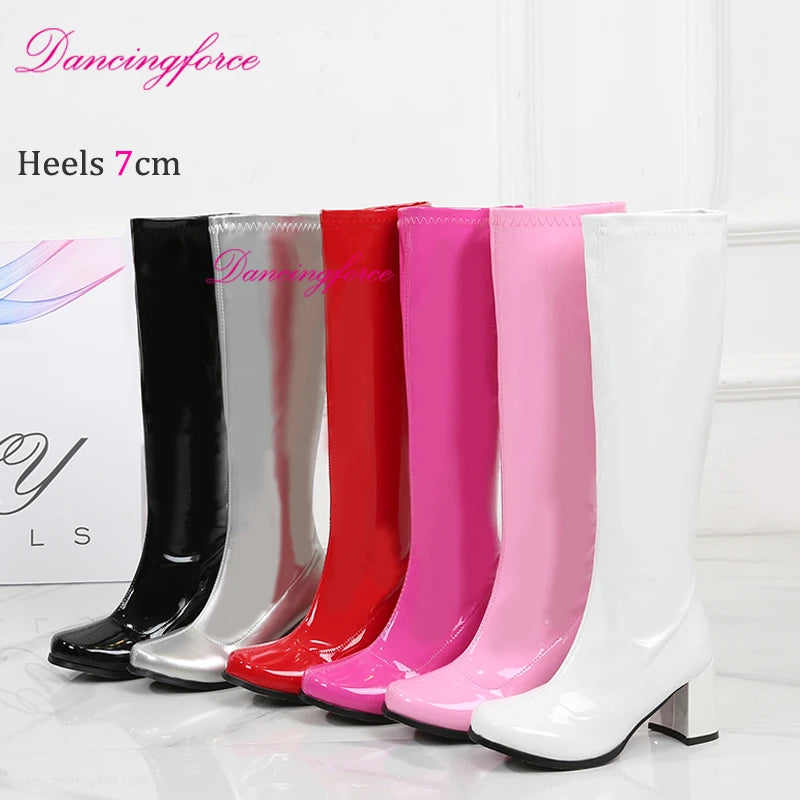 Pink Red Fancy Vintage 1950S 60S 70S Knee High Go Go Retro Boots Womens Sexy Shoes Ladies Larger Size EU36-46