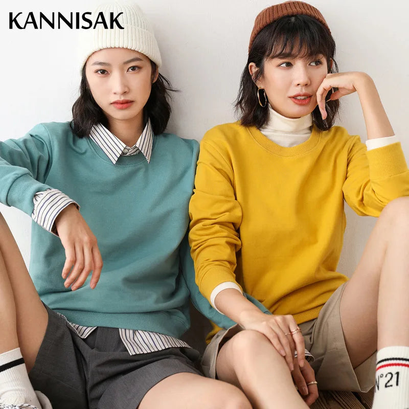Women Sweatshirt 2025 Spring Autumn Multi-colors Fashion Korean O-neck Cotton Loose Womens Sweatshirts Vintage Solid Pullovers