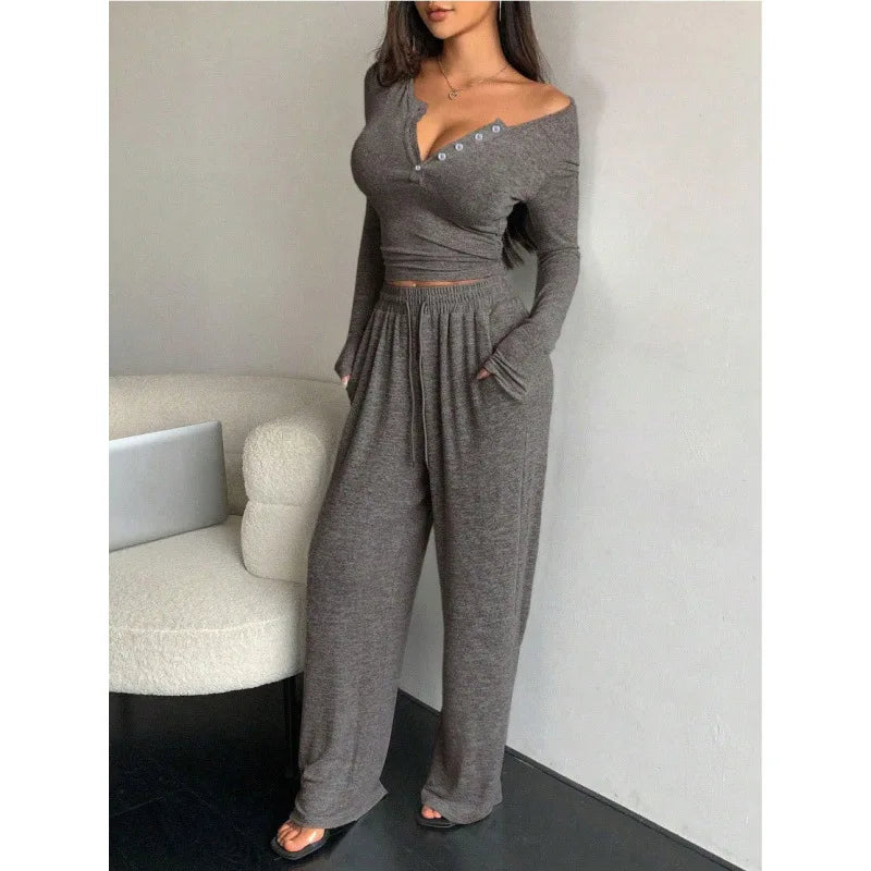 Women's Pajamas Sexy Tight-fitting Button V-neck Long-sleeved Drawstring Long Trousers Two-piece Set Casual Simple Homewear