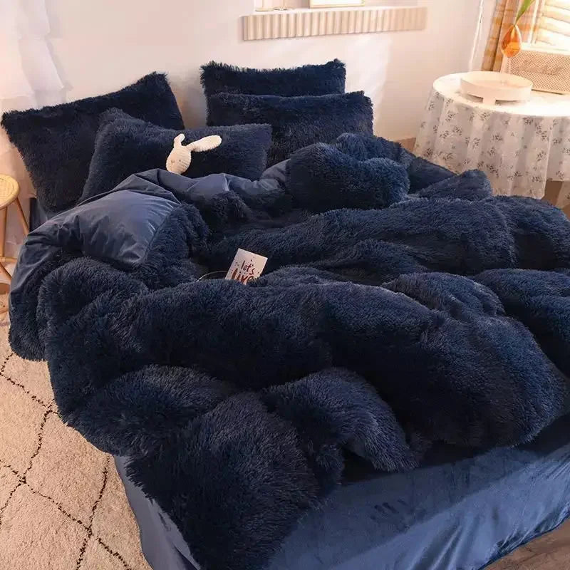 Luxury Winter Warm Long Plush Pink Bedding Set Queen Mink Velvet Double Duvet Cover Set with Fitted Sheet Warmth Quilt Covers