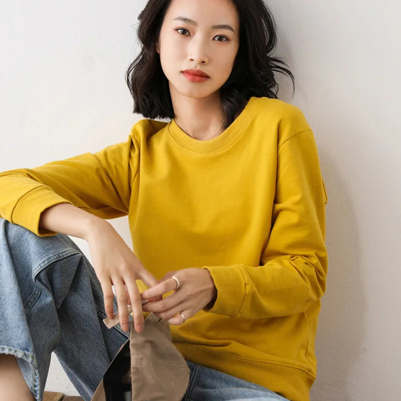 Women Sweatshirt 2025 Spring Autumn Multi-colors Fashion Korean O-neck Cotton Loose Womens Sweatshirts Vintage Solid Pullovers