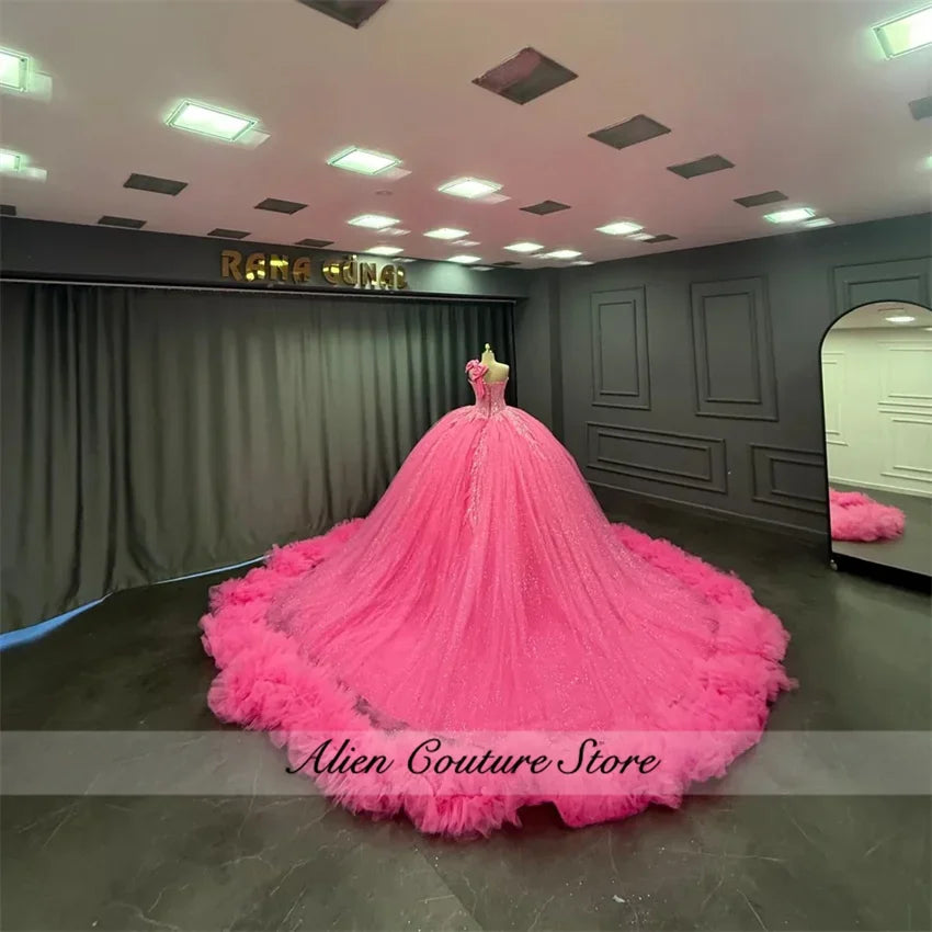 Hot Pink Shinny 15 Dress Quinceanera 2026 Beaded One Shoulder Ball Gown Quince Dress Formal Occasion Gowns Customized