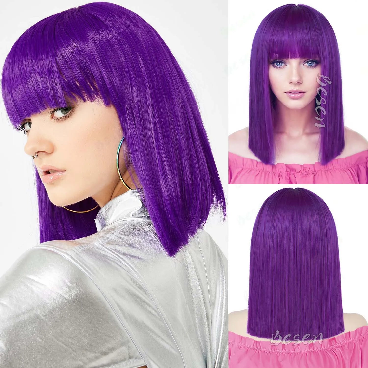 Synthetic Pink Bob wig Short Straight Hair with Bangs,Shoulder Length Multi-colored Wig for Halloween Cosplay Daily Party Wear