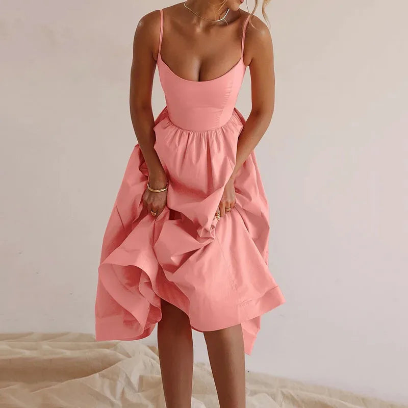 Women's U-neck Summer Dress Vintage Elegant Sleeveless Camisole Slim Pleated Sundress Loose Host A Performance Party Long Dress