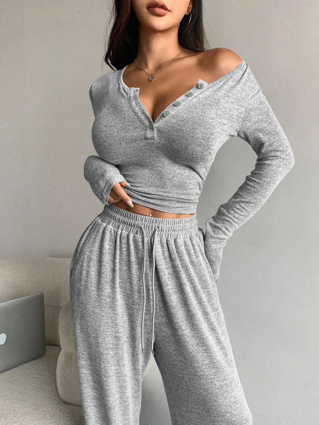 Women's Pajamas Sexy Tight-fitting Button V-neck Long-sleeved Drawstring Long Trousers Two-piece Set Casual Simple Homewear