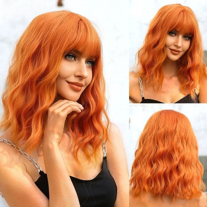 Pink Short Wavy Synthetic Wig with Full Bangs for Women Heat Resistant Natural Look Hair for Daily Party and Cosplay Use