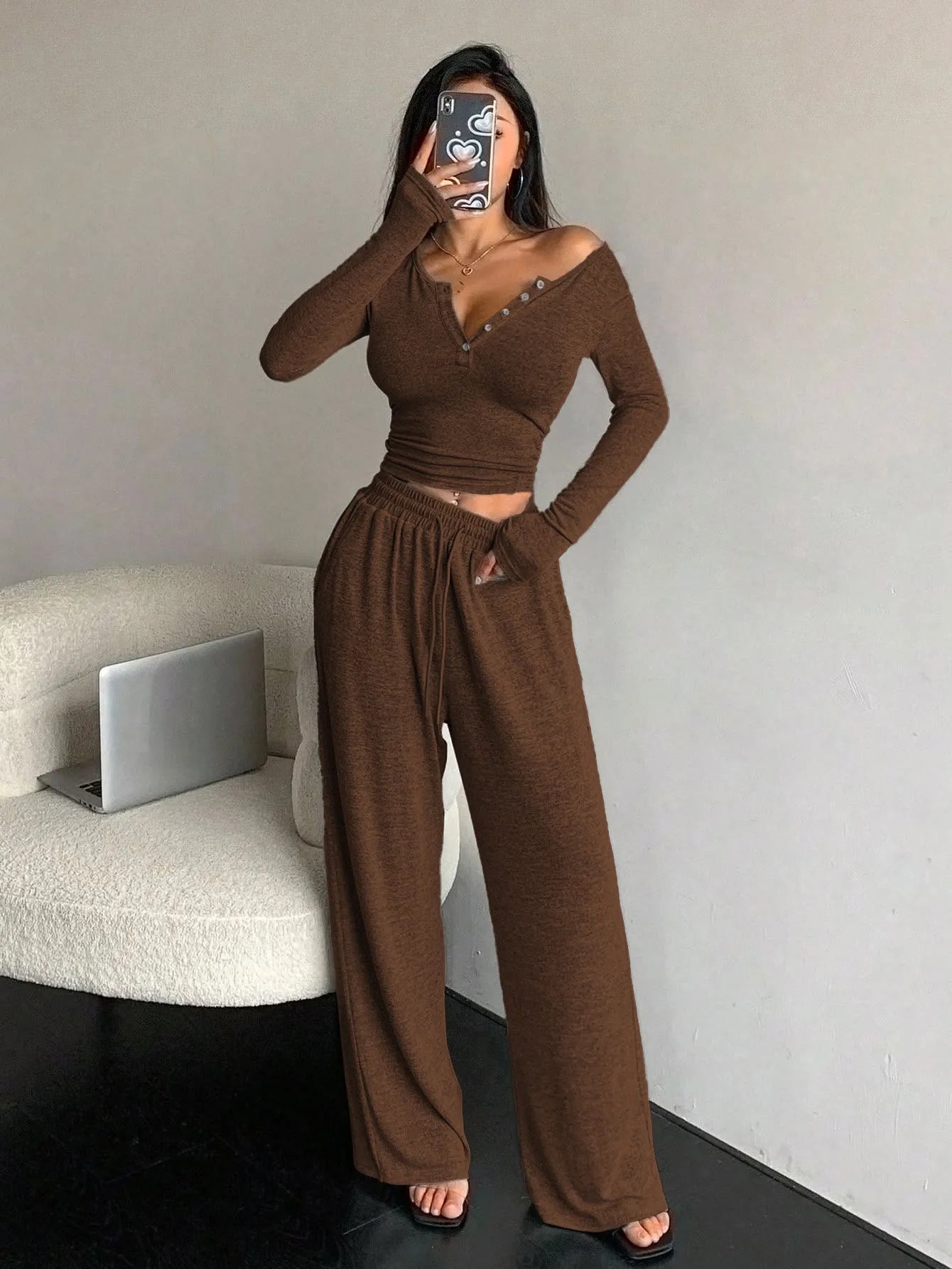 Women's Pajamas Sexy Tight-fitting Button V-neck Long-sleeved Drawstring Long Trousers Two-piece Set Casual Simple Homewear